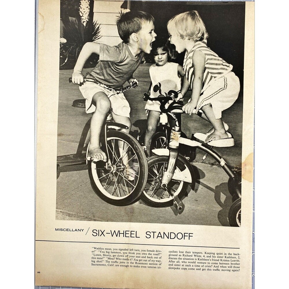 Life Magazine Kids Arguing on Tricycles "Six Wheel Standoff" Picture Print '67